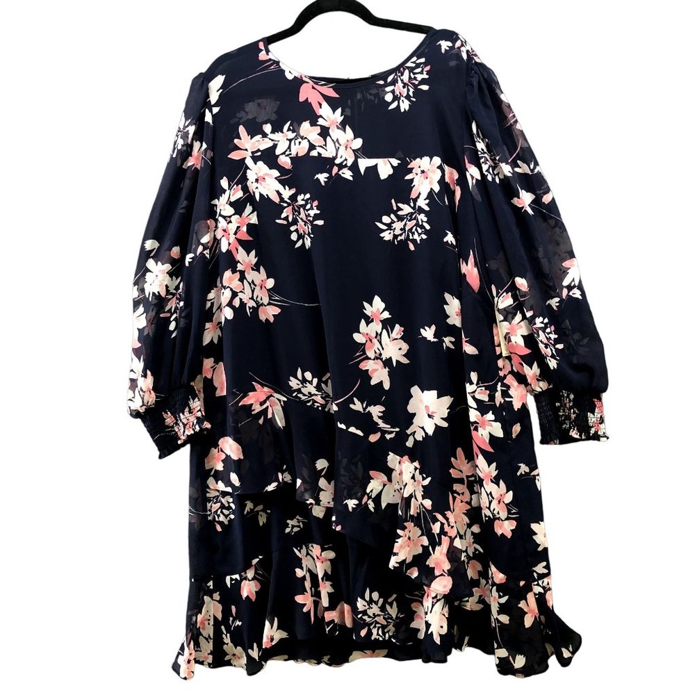 Eliza J Dress 22W or 3X Long Sleeve Chiffon Navy Blue Floral Shift Flowy